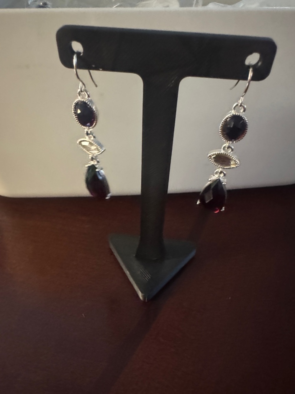 Liz Claiborne Silver Drop Earrings with Deep Garnet Red Stones